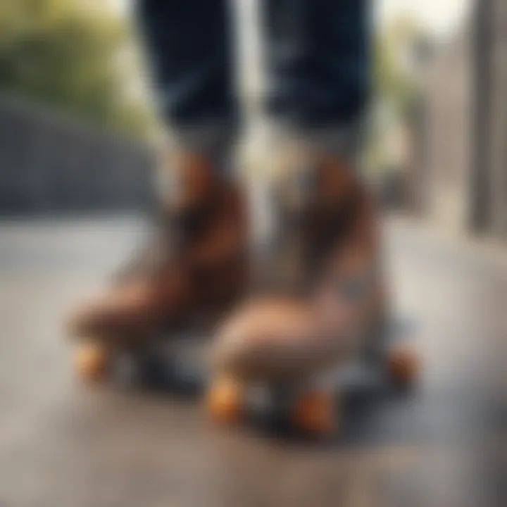 Close-up of skateboard shoes on a ramp