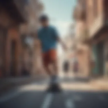 A vibrant street scene showcasing skateboarders in Adidas apparel