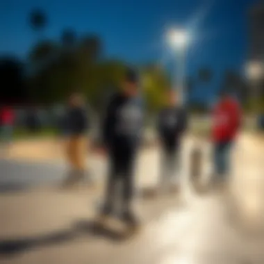 Group of skateboarders wearing Adidas apparel at a skate park