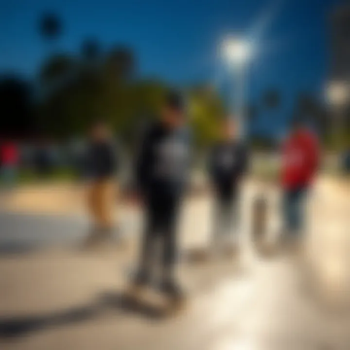 Group of skateboarders wearing Adidas apparel at a skate park