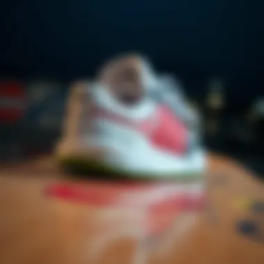 Close-up of a signature Adidas skate shoe design on a skateboard