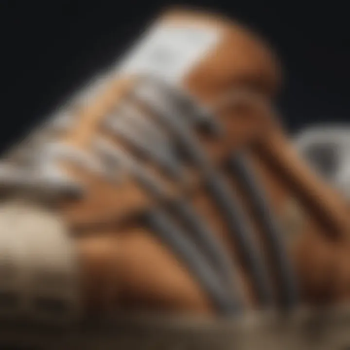 Close-up of the Adidas Suede Superstar sneaker showcasing its iconic three stripes and texture