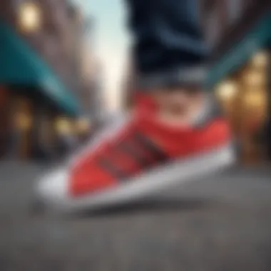 A vibrant street scene featuring the Adidas Suede Superstar styled with urban apparel