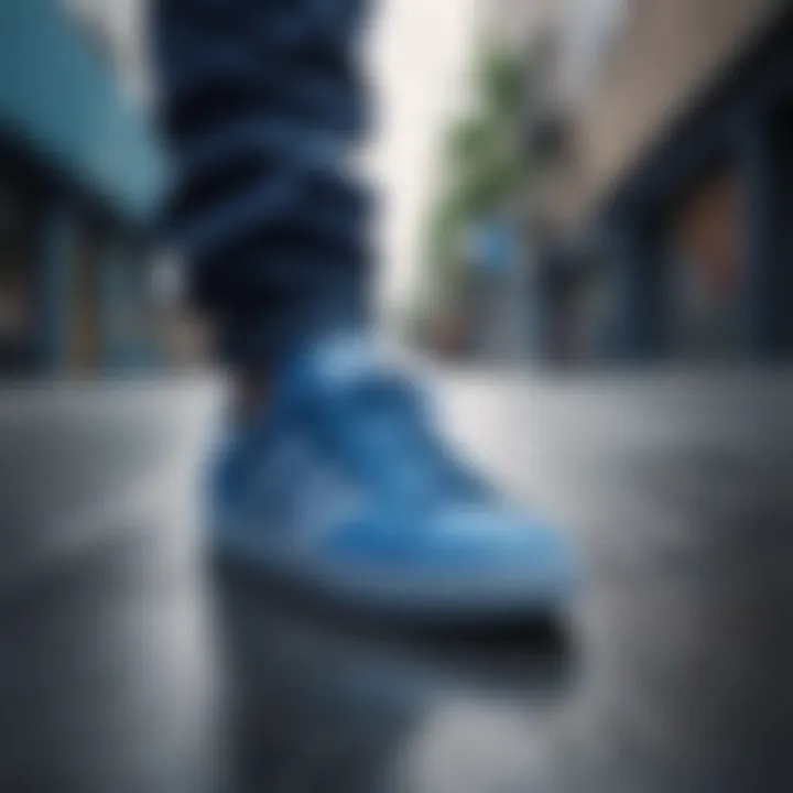 An all blue Adidas shoe in a skateboarding environment, illustrating its cultural relevance.