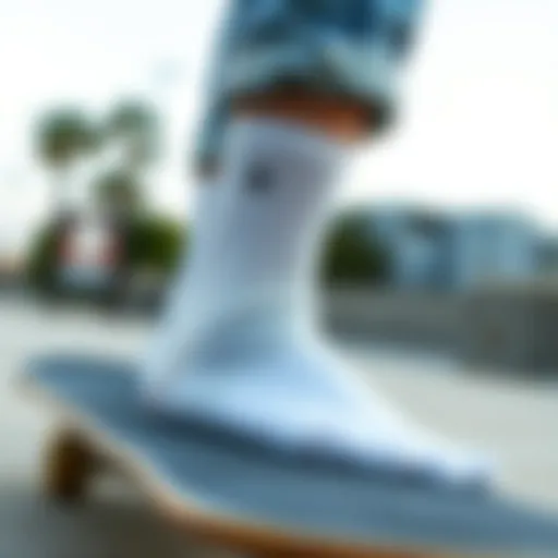 The Essence of Stance: All White Socks on Deck All white Stance socks showcased on a skateboard