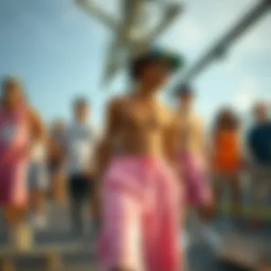 Diverse group showcasing pink sweat shorts in casual settings