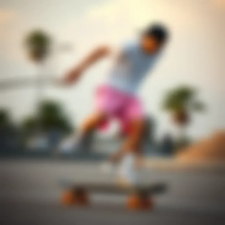 Skateboarder wearing pink sweat shorts in action