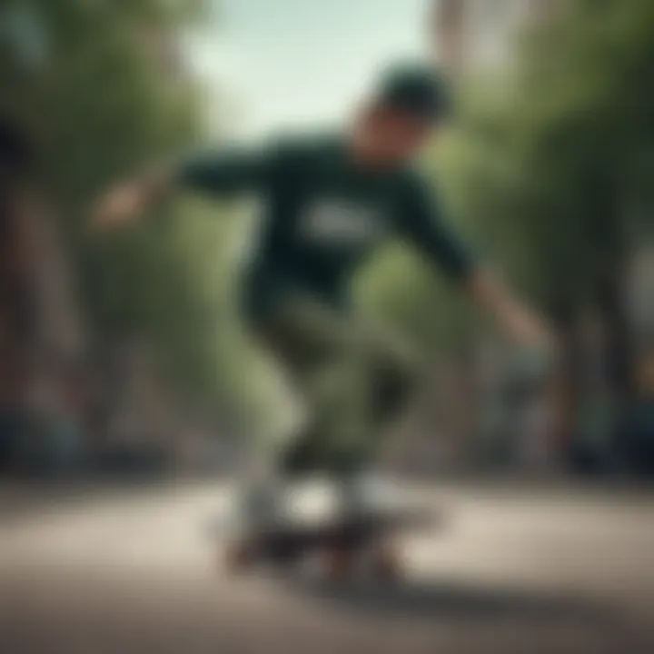 Skateboarder demonstrating tricks while wearing a dark green Nike shirt