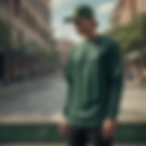 Stylish dark green Nike shirt worn in a skate park setting