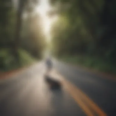 A rider demonstrating the performance of the Arbor Fish longboard on a scenic path