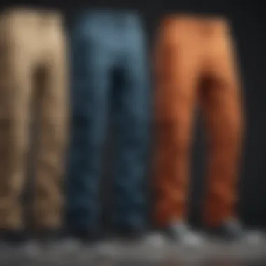 Different shades and styles of cargo pants displayed together