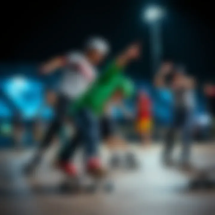 Jam Skating Techniques in Action Group of experienced skaters demonstrating jam skating techniques