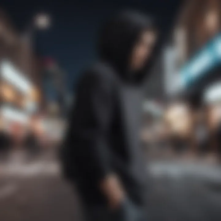 Fashionable individual showcasing black hoodie in urban setting