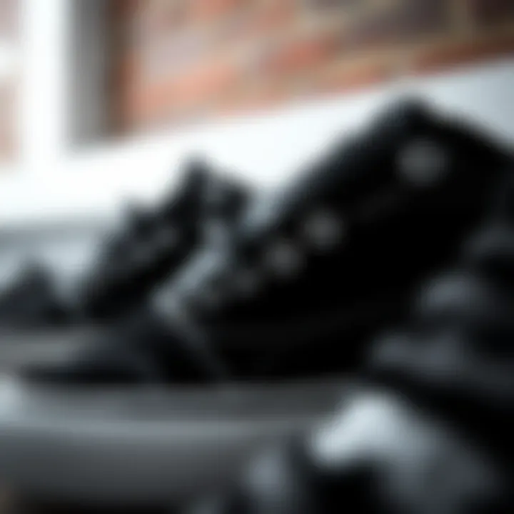 Close-up of black and white Vans highlighting texture and detail