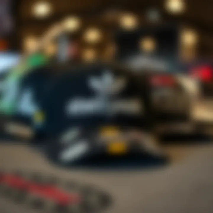 Artistic display of various branding logos on streetwear caps