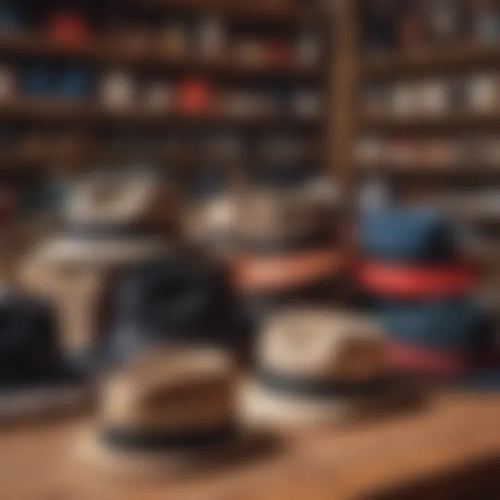 A stylish collection of Brixton hats displayed on a rustic wooden table