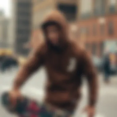 Skateboarder wearing a stylish brown hoodie in an urban setting