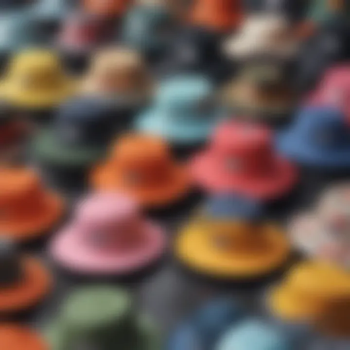 A vibrant collection of bucket hats showcasing various patterns and colors.