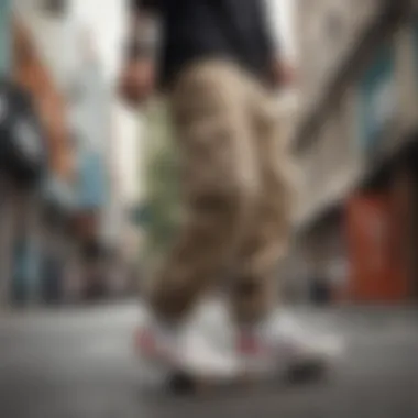 A group of skaters wearing canvas cargo pants while performing tricks