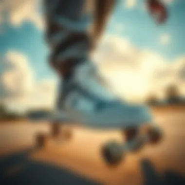 Champion Shoes in Action on the Skateboard Skateboarder performing tricks while wearing Champion shoes.