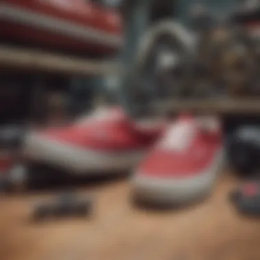 A pair of classic Vans placed next to skateboarding gear, emphasizing their cultural significance.