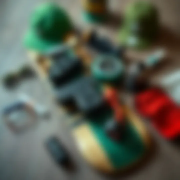 Stylized flat lay of the Club C 85 Vintage Green with skateboard gear, emphasizing lifestyle.