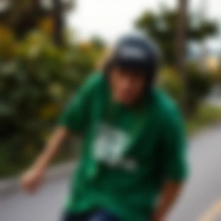 A skateboarder wearing the Club C 85 Vintage Green, highlighting its integration within skate culture.