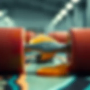 Close-up of colorful skateboard wheels with orange slices