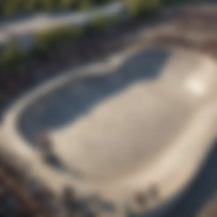 An aerial view of a skateboard park during a major event, capturing the excitement