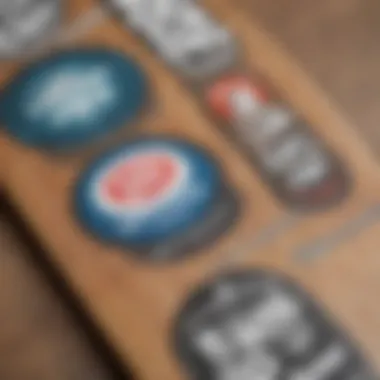 A close-up of skateboard decks featuring logos of sponsors, highlighting brand influence