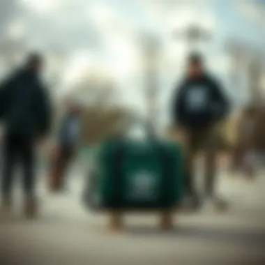 Cultural Significance within the Skateboarding Community Group of skateboarders with the green Adidas bag in a skate park
