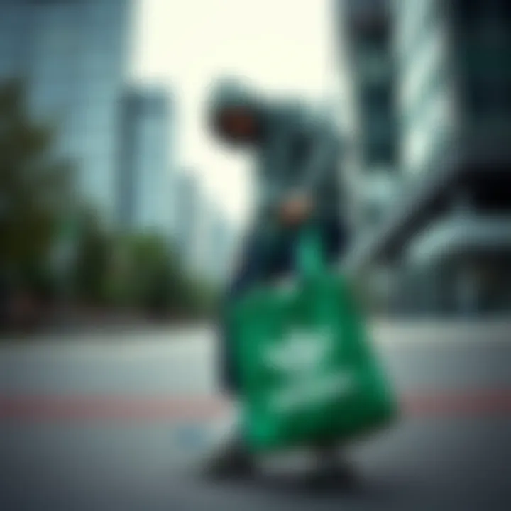 Practical Application in Skate Culture Skateboarder using the green Adidas bag in an urban environment