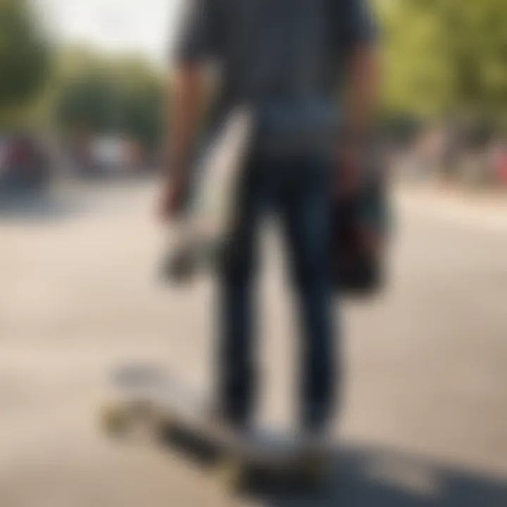 User utilizing a skateboard bag holder in a skatepark environment.