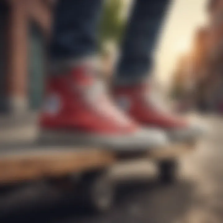 Skateboarder wearing Converse shoes in an urban environment.