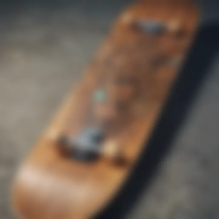 Close-up of a skateboard deck mounted on a wall with unique artwork