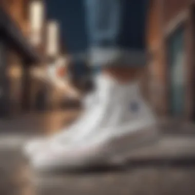 Artistic representation of white Converse shoes in an urban setting