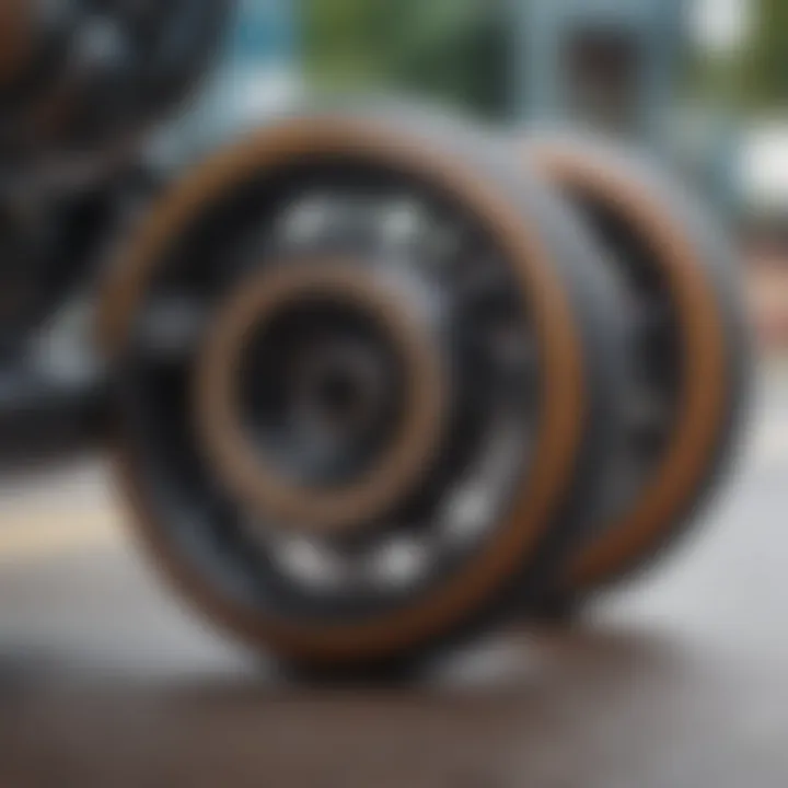 Close-up of high-performance longboard wheels with varied tread patterns