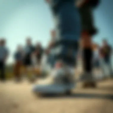 A group of skaters gathered, all wearing DC slip ons