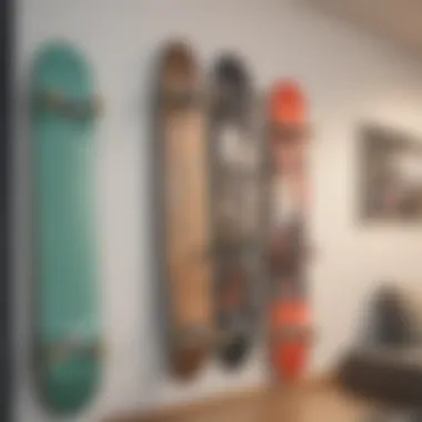 Aesthetic display of skateboards arranged with hooks in a living space