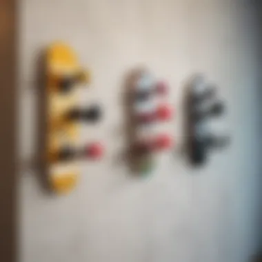 Stylish wall-mounted skateboard hooks showcasing various designs