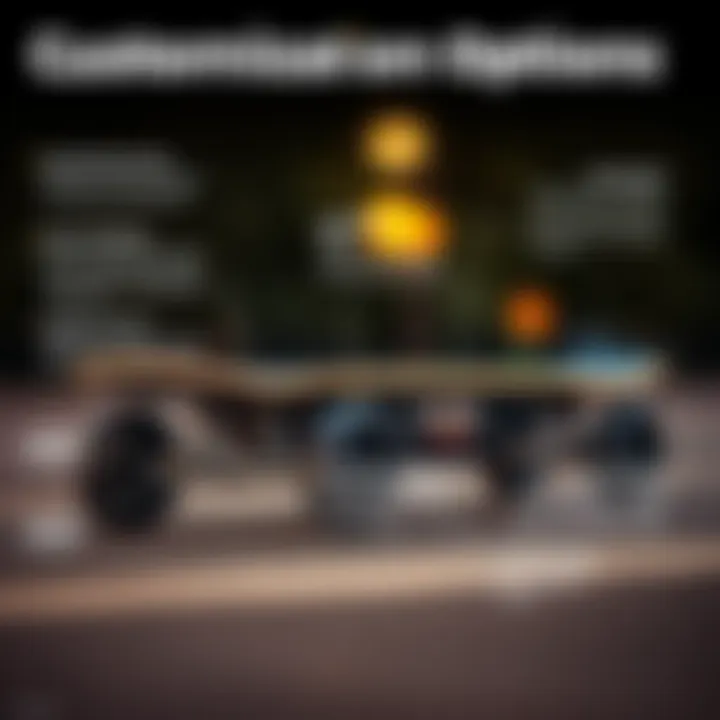 Illustration of an electric skateboard with highlighted customization options