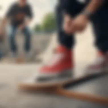 Group of skateboarders discussing Emerica Laced shoes at a skate park