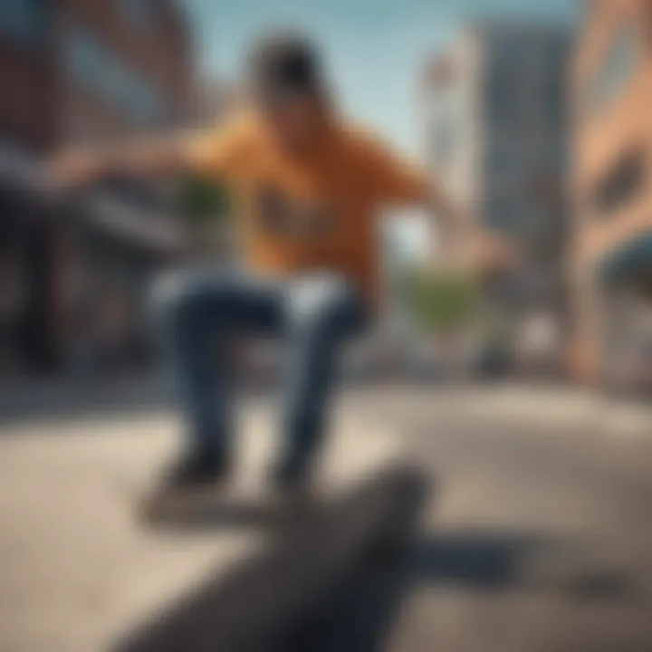 Skateboarder performing tricks while wearing Empyre jeans in an urban environment