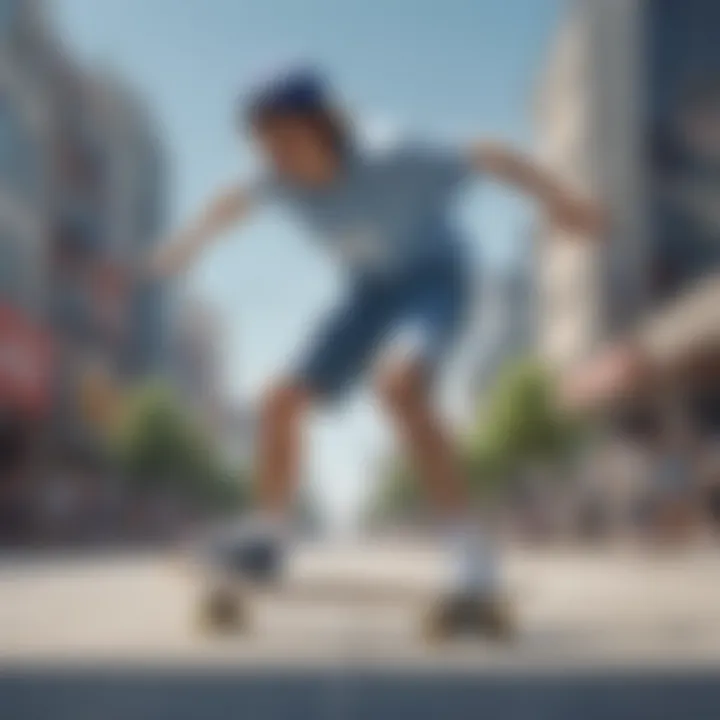 A skater performing tricks while wearing light blue jean shorts