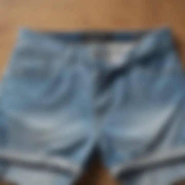 A collection of light blue jean shorts styled with skate shoes and accessories