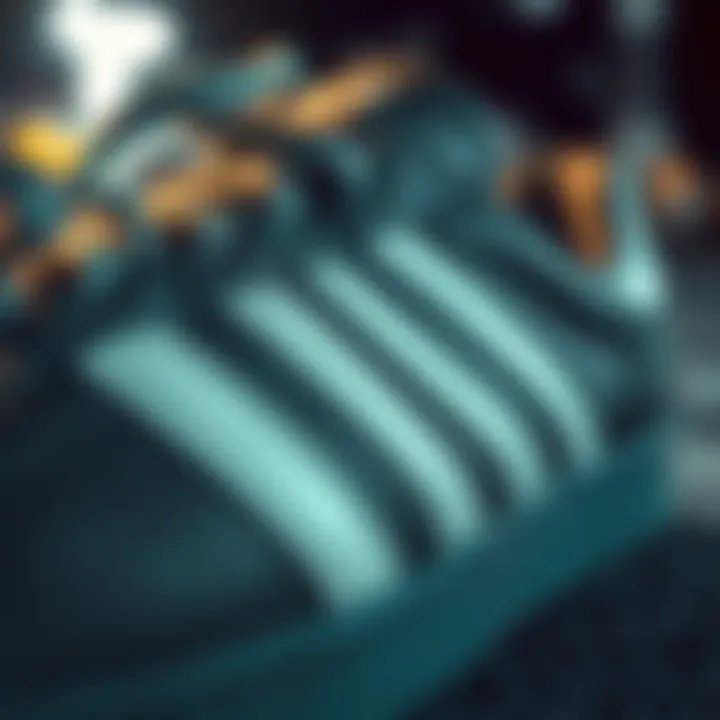 A close-up of the iconic three stripes on Adidas shoes