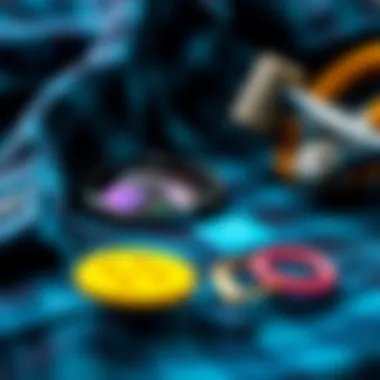 Blue Flannel and Skate Accessories A close-up of blue flannel fabric with skateboard accessories, highlighting the connection to skateboarding.