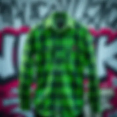 Green Flannel: A Canvas of Expression A vibrant green flannel shirt displayed against a graffiti backdrop, representing skate culture.