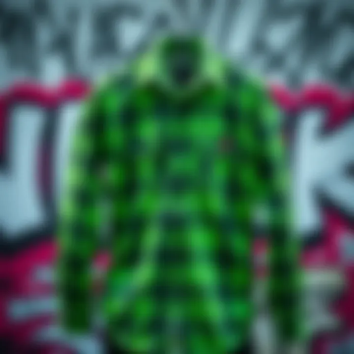 Green Flannel: A Canvas of Expression A vibrant green flannel shirt displayed against a graffiti backdrop, representing skate culture.