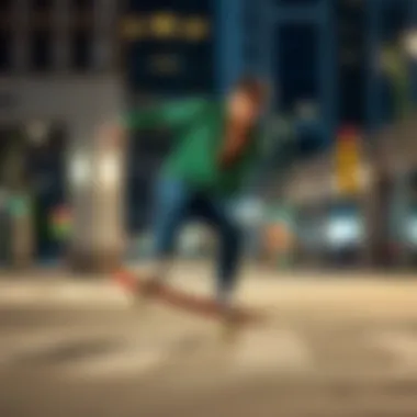 Skateboarding in Style: Green Flannel in Action A skateboarder wearing a green flannel shirt performing tricks in an urban environment.